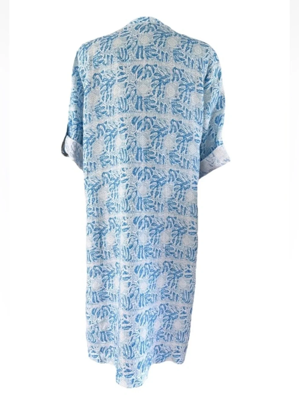 J. McLaughlin Riviera Print Blue Linen Shift Dress Pleated Roll Tab Sleeves Sz M - Picture 5 of 10